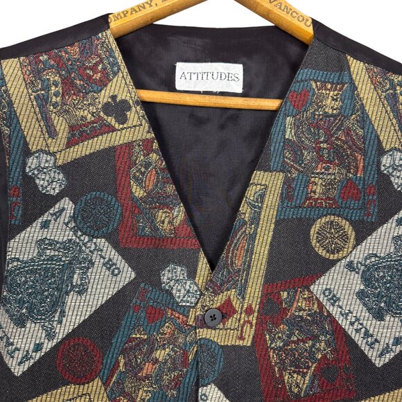 Vintage 90s Casino Print Vest Playing Cards Dice apestry Waistcoat Vegas - Picture 4 of 8